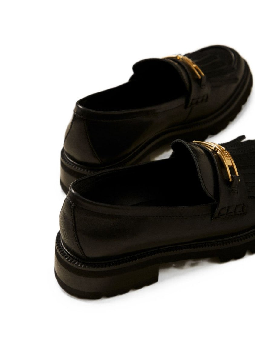 Twin-Set Fringed Black Leather Flats With Gold Accents
