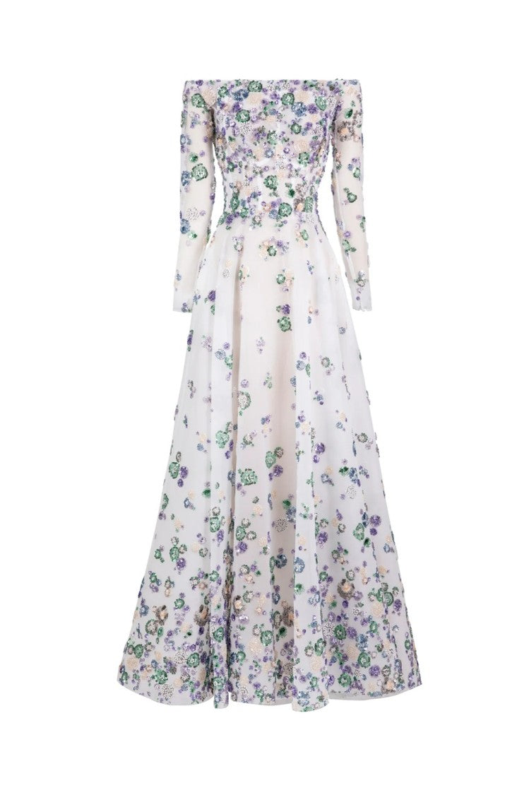 Saiid Kobeisy Tulle Beaded Dress With Off-Shoulder Sleeves