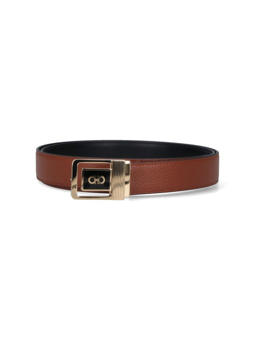 Ferragamo Reversible Logo Belt In Black Calfskin On One Side