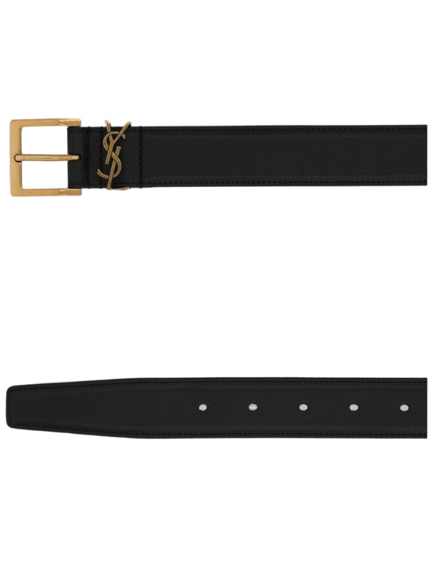 Saint Laurent Narrow Calf Skin Belt With Rectangular Gold Buckle