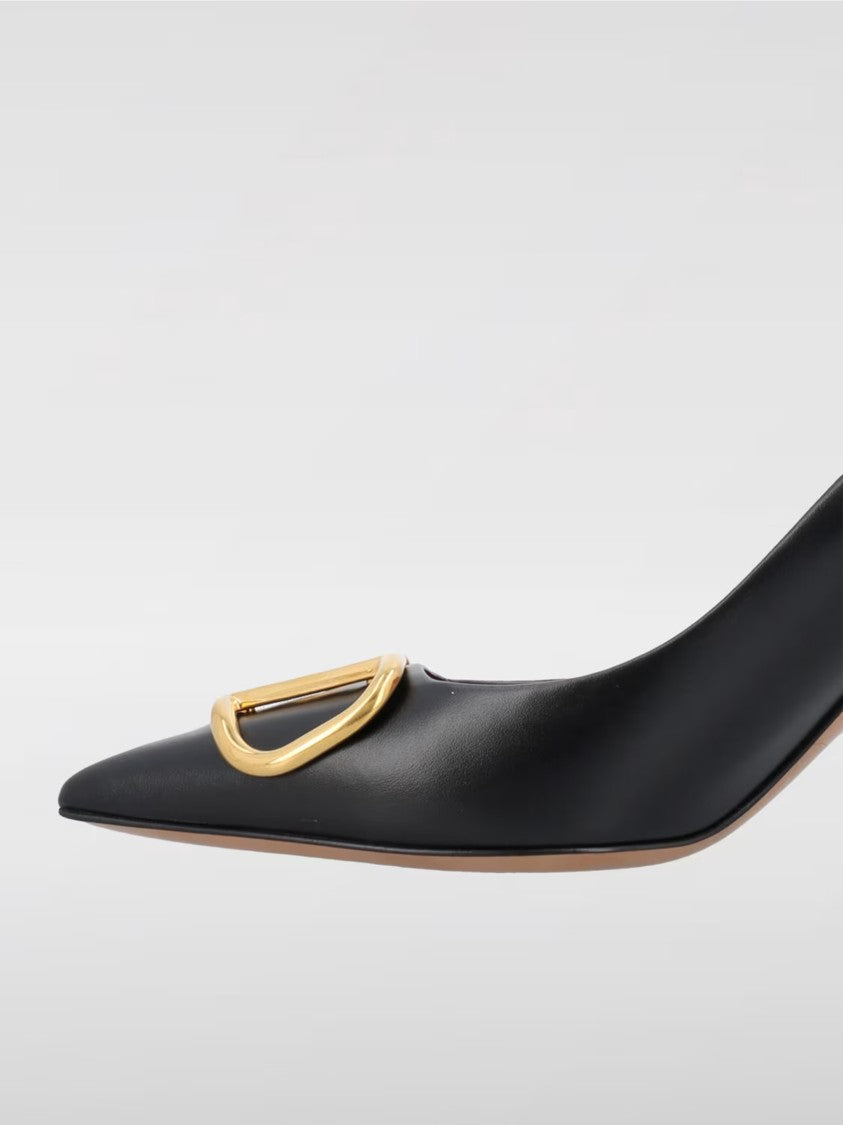 Valentino Black Pointed-Toe Gold Buckle Leather Pumps