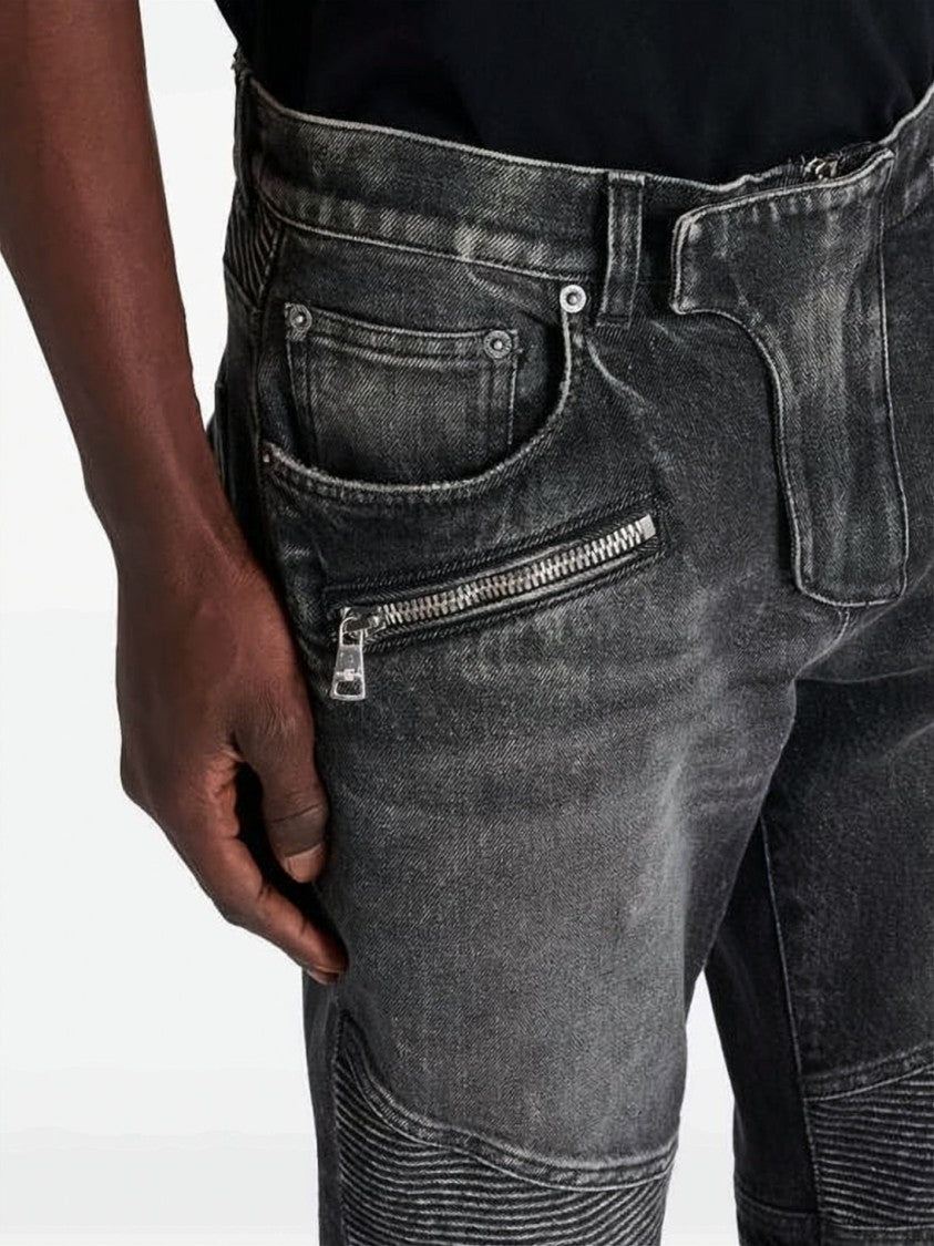 Balmain Slim-Fit Biker Jeans With Ribbed Detailing And Zippered Pockets