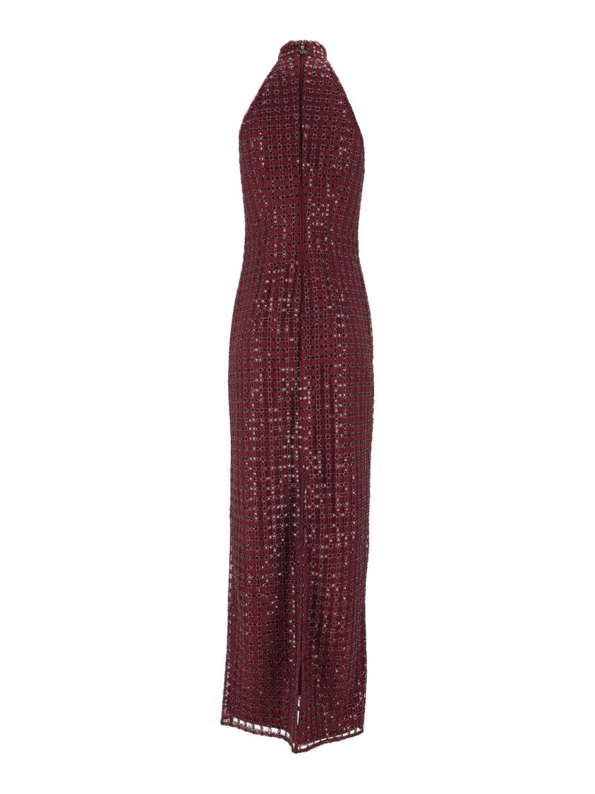 Rotate Burgundy Tight-Fit Beaded Maxi Dress