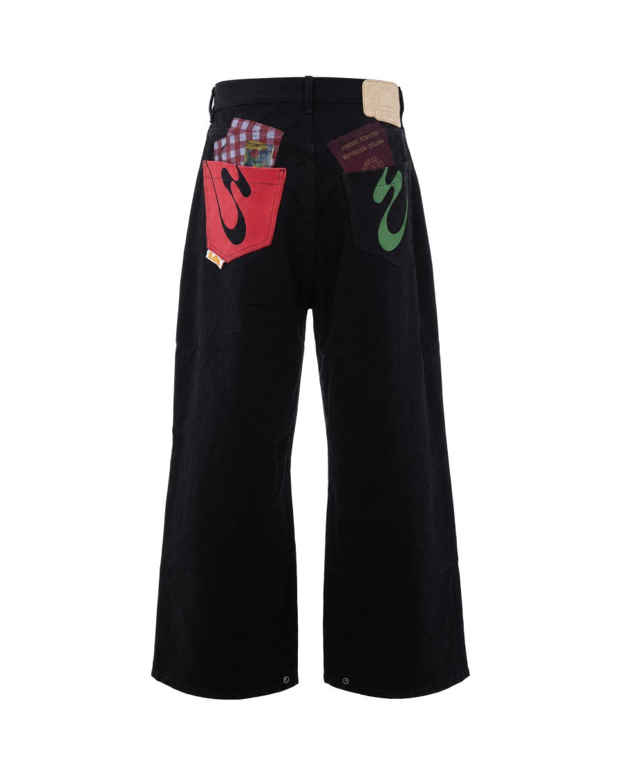 Pdf Black Wide-Leg Denim Contrasting Pocket Jeans