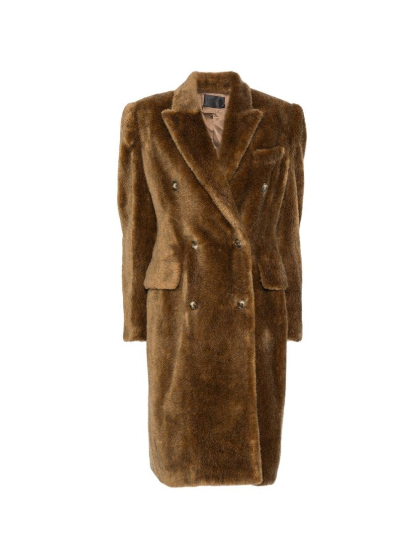 Mugler Brown Double-Breasted Faux-Fur Coat