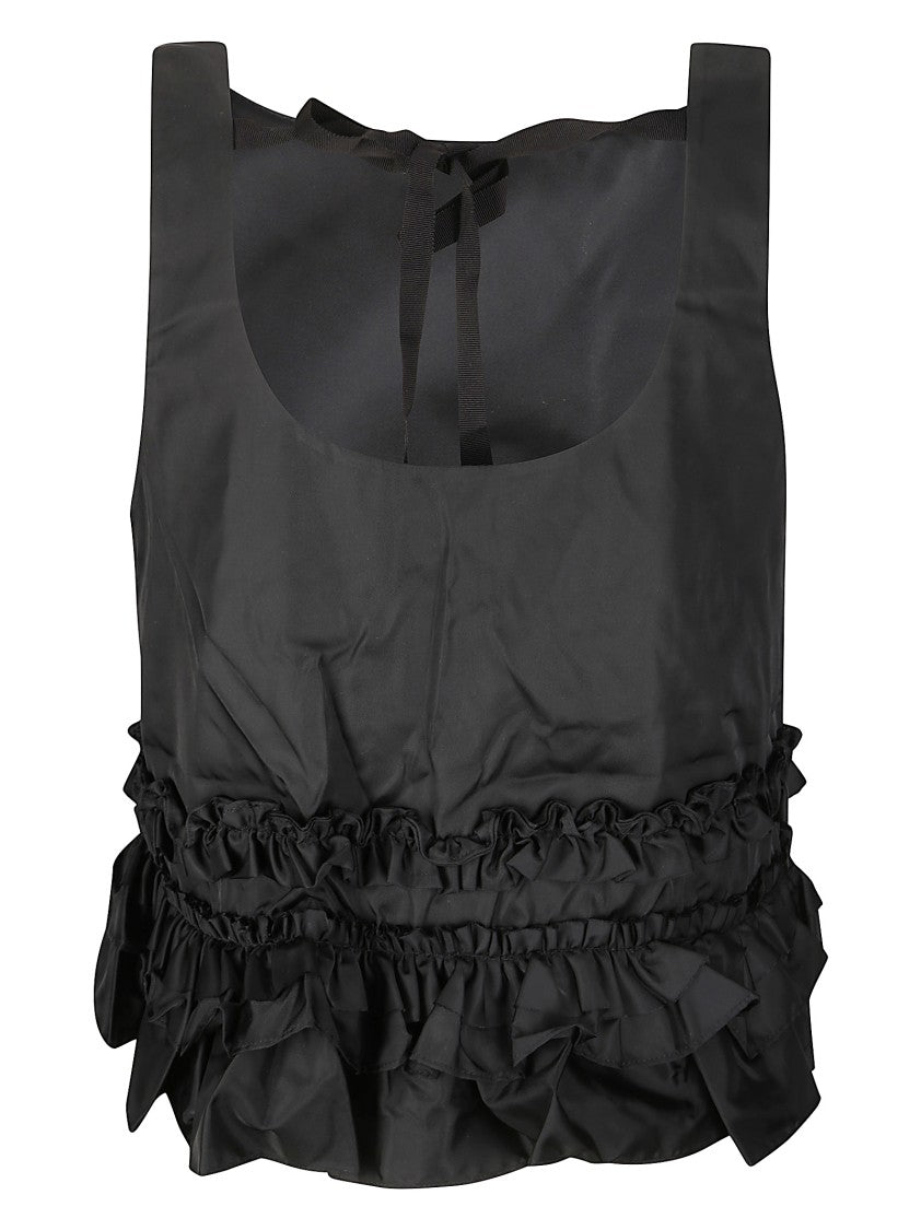 Ganni Crinkled Taffeta Checkered Top With Ruches