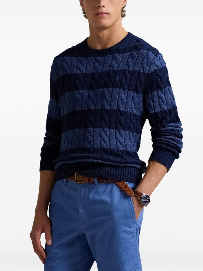 Polo Ralph Lauren Navy Blue Cotton Sweater With Textured Horizontal Stripes