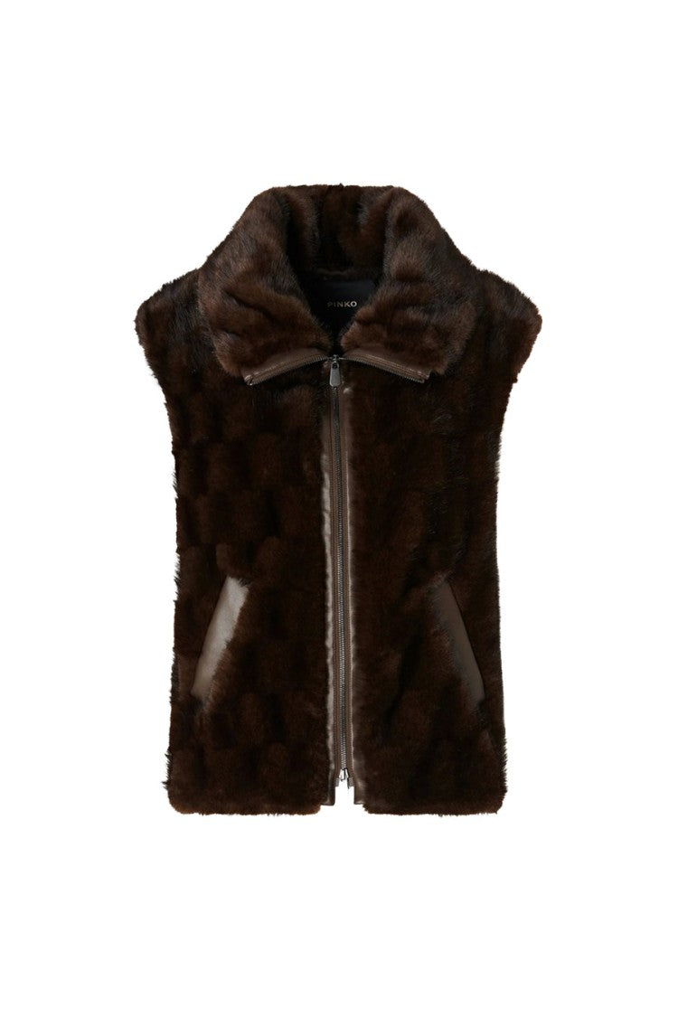 Pinko Brown Polyester Faux-Fur Zip Waistcoat