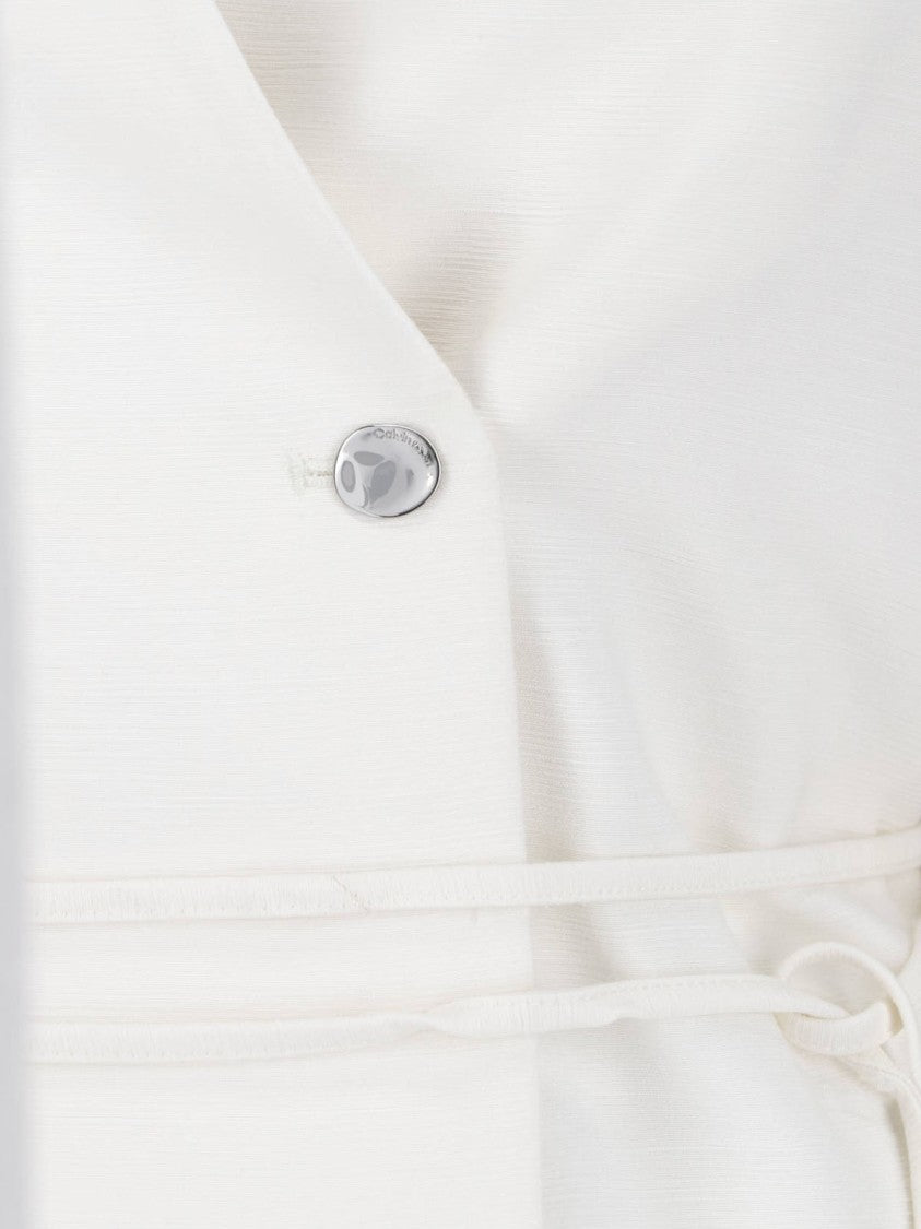 Calvin Klein White Single-Breasted Viscose Blend Tie Blazer