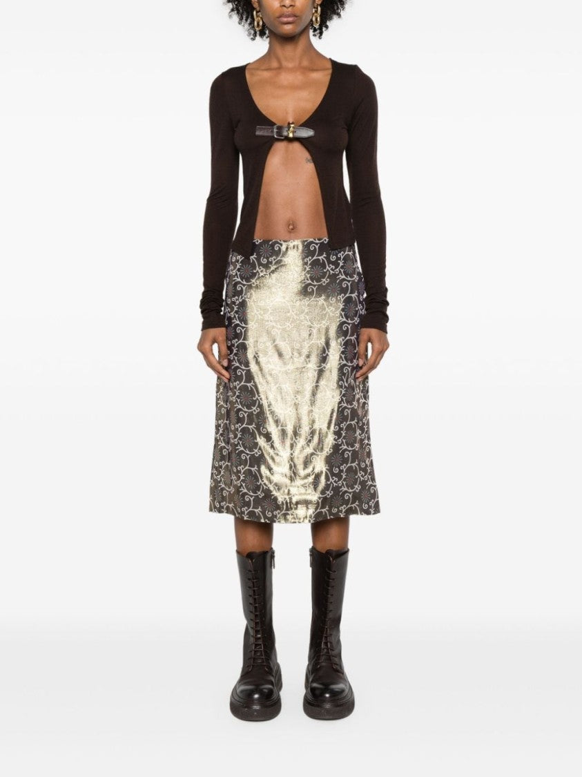 Kenzo Gold-Tone Lamé Floral Print Pencil Skirt
