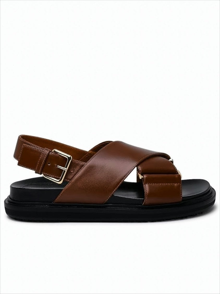 Marni Brown Leather Strap Sandals With Textured Rubber Sole