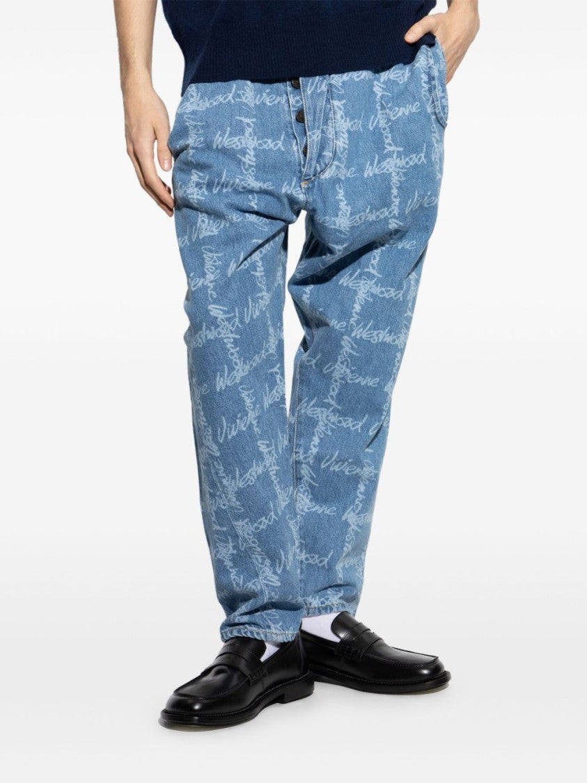 Vivienne Westwood Relaxed Fit Cornflower Blue Jeans With All-Over Logo Print