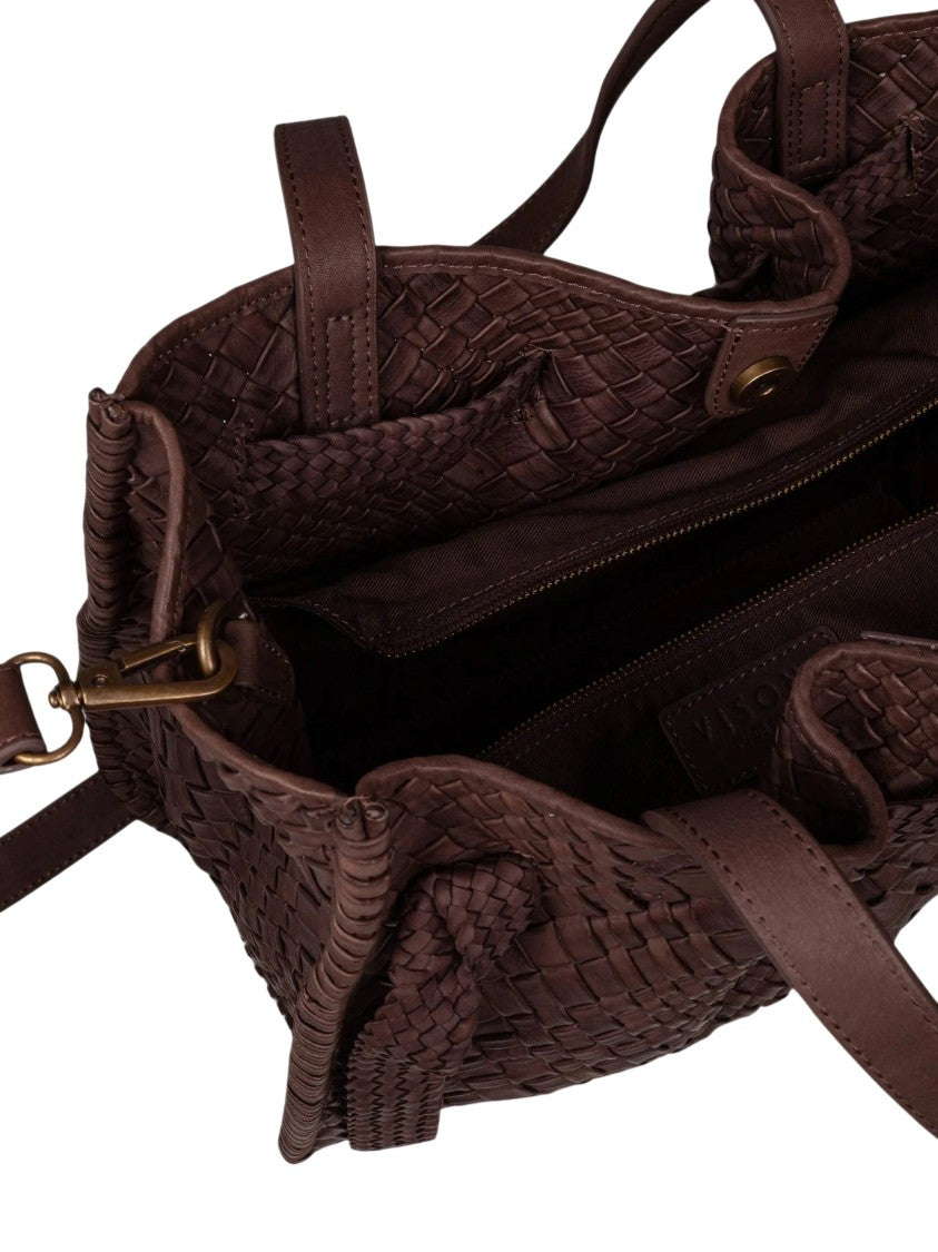 Visona` Woven Leather Shoulder Bag With Adjustable Strap And Bronze Accents