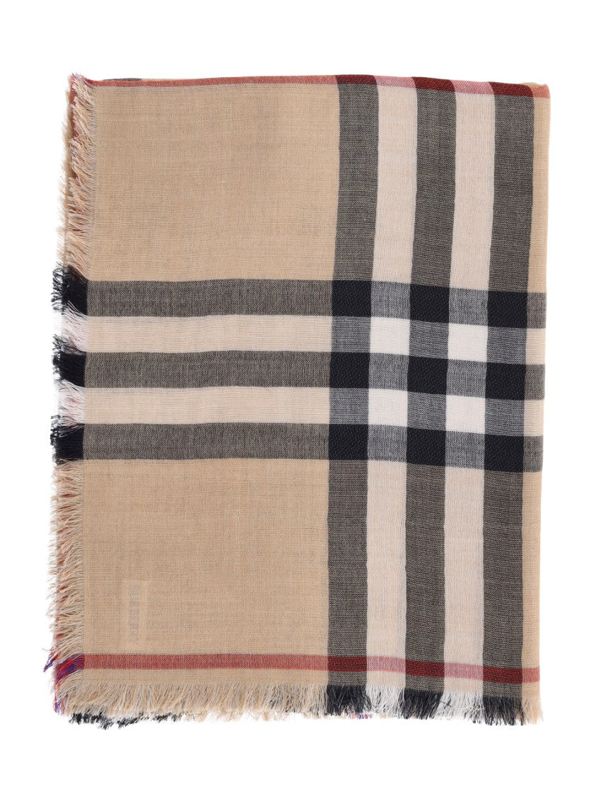 Burberry Beige Check Wool And Silk Scarf With Fringed Edges