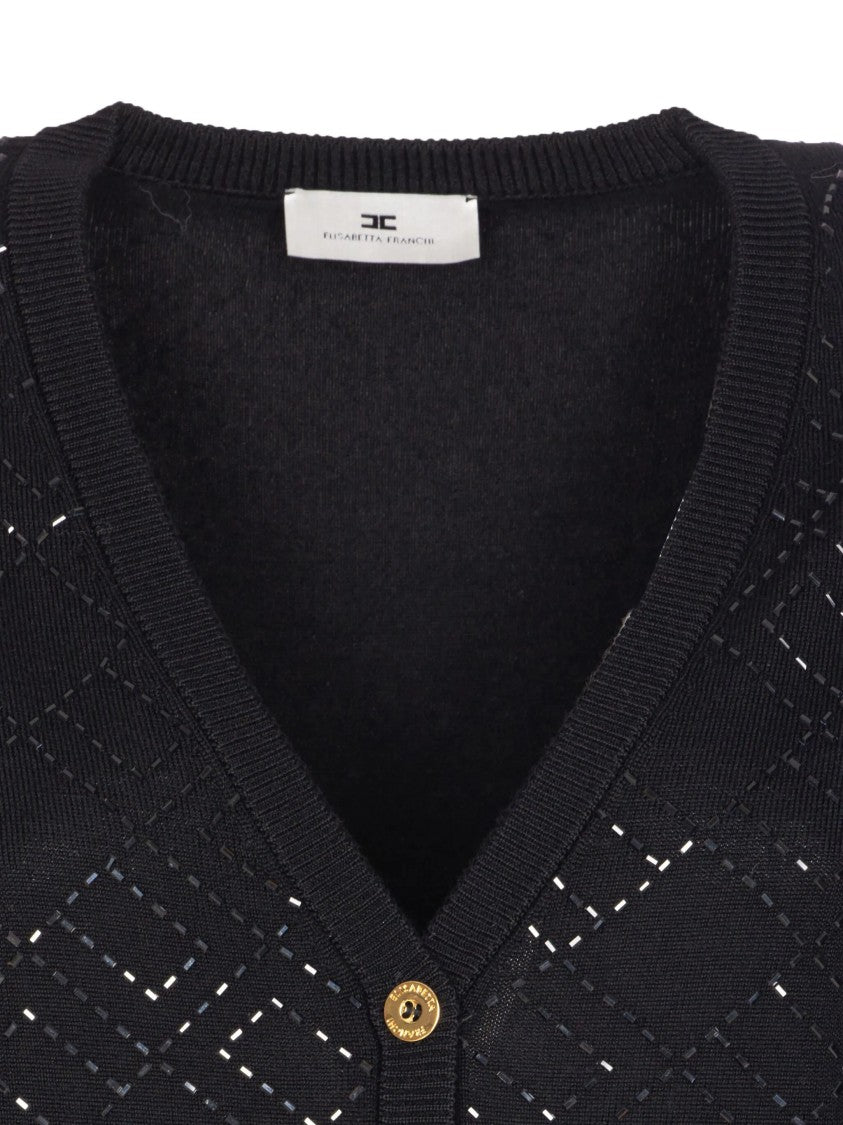 Elisabetta Franchi Diamond-Pattern Black V-Neck Knit Cardigan