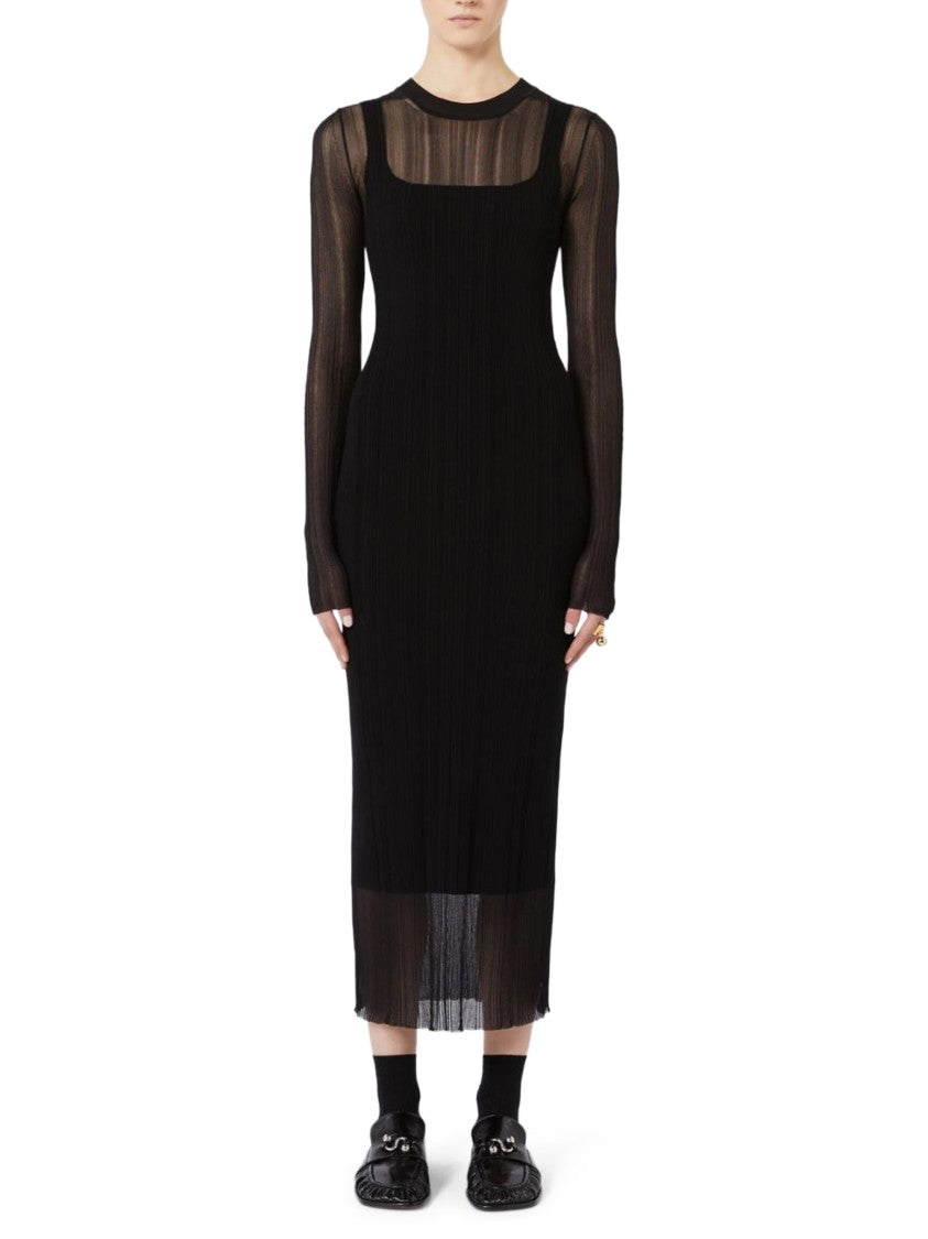 Max Mara Fitted Black Knit Midi Dress With Sheer Overlay