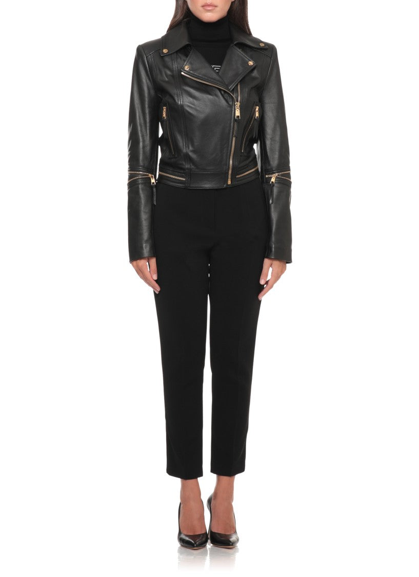 Elisabetta Franchi Cropped Black Leather Jacket With Gold Zipper Details