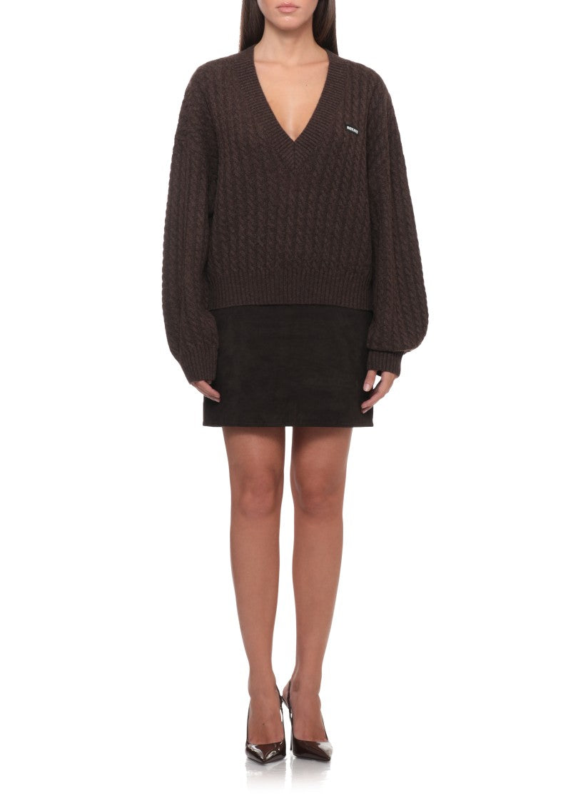Rotate Cropped V-Neck Sweater With Textured Braid Pattern