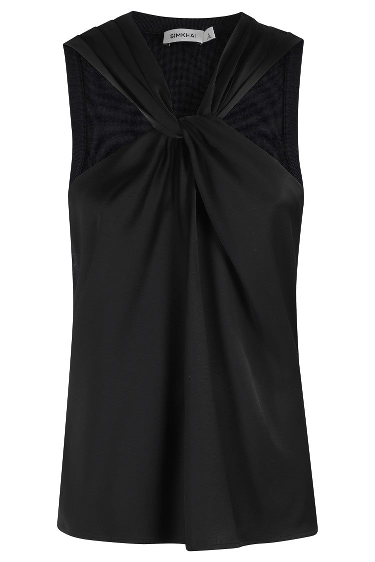 Simkhai Crossover Neckline Satin-Finish Top With Textured Knit Back