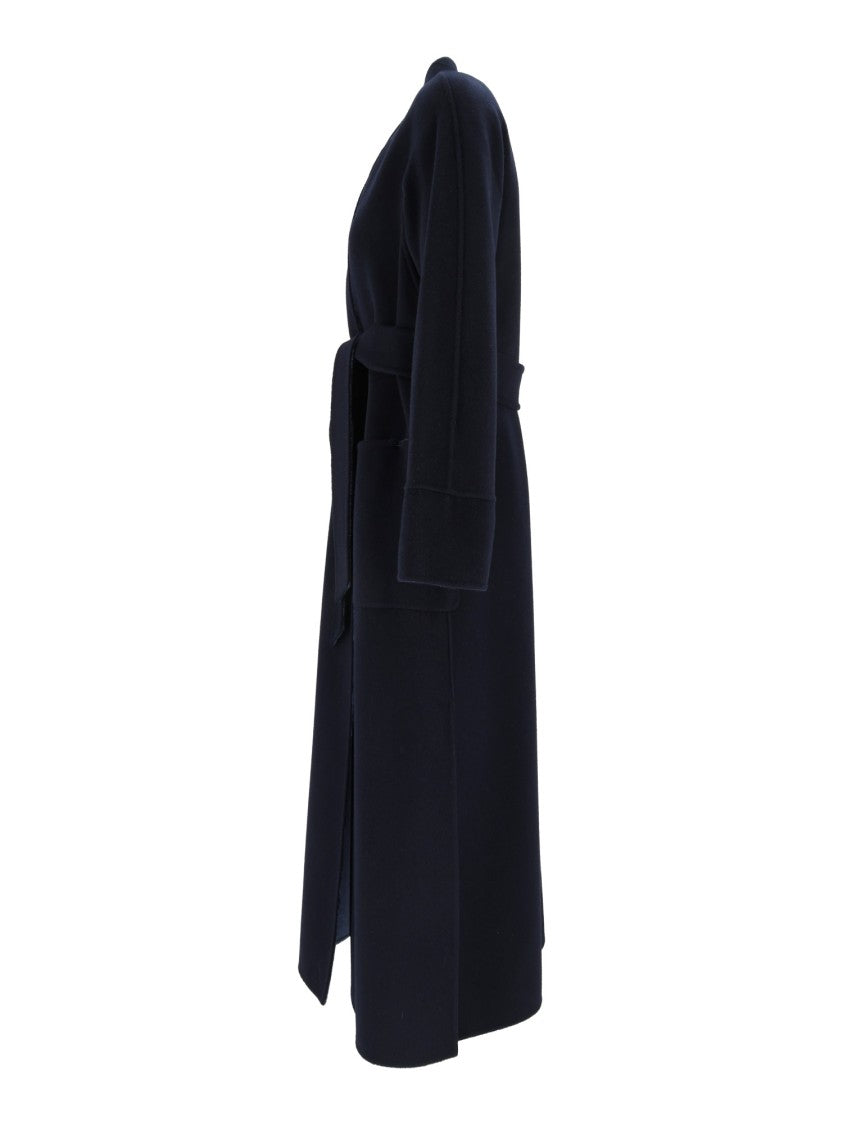 Max Mara Blue Nodo Collarless Belted Long Coat