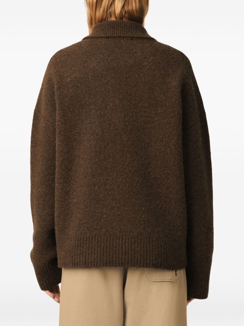 Ami Paris Textured Knit Sweater With Polo Collar