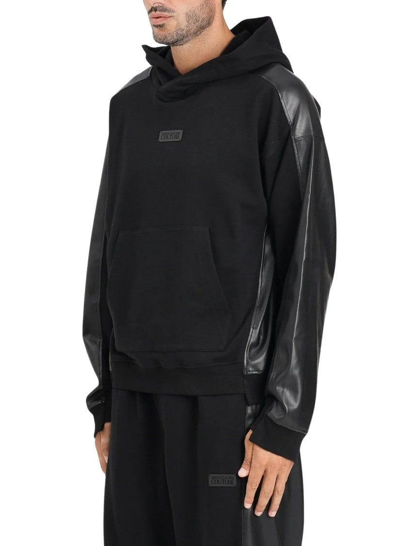 Versace Jeans Couture Black Leather-Look Detail Cotton Hoodie