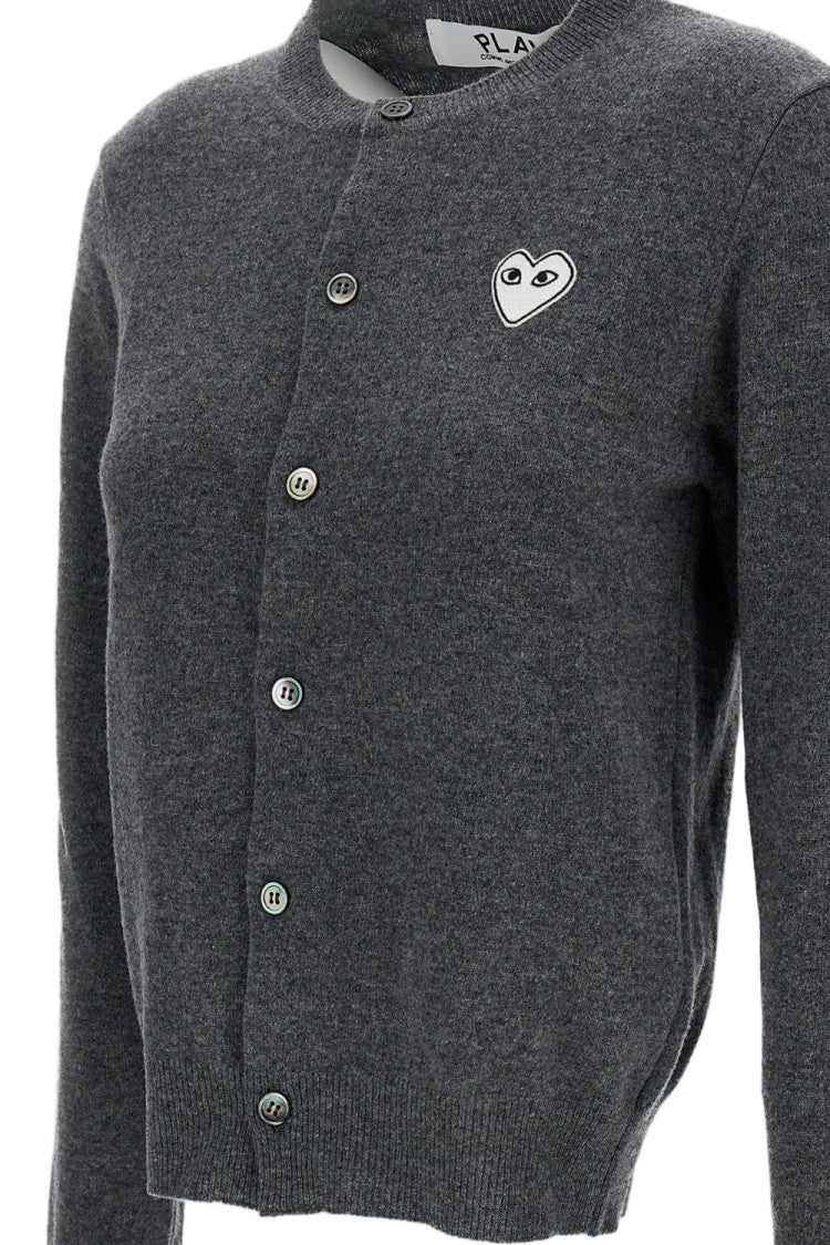 Comme Des Garçons Grey White Emblem Wool Round-Neck Cardigan