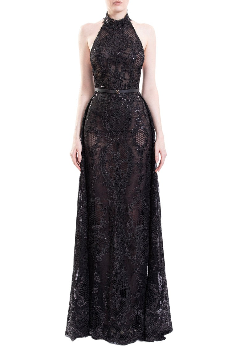 Saiid Kobeisy Floor-Length Embroidered Lace Dress With Halter Neckline And A-Line Overskirt