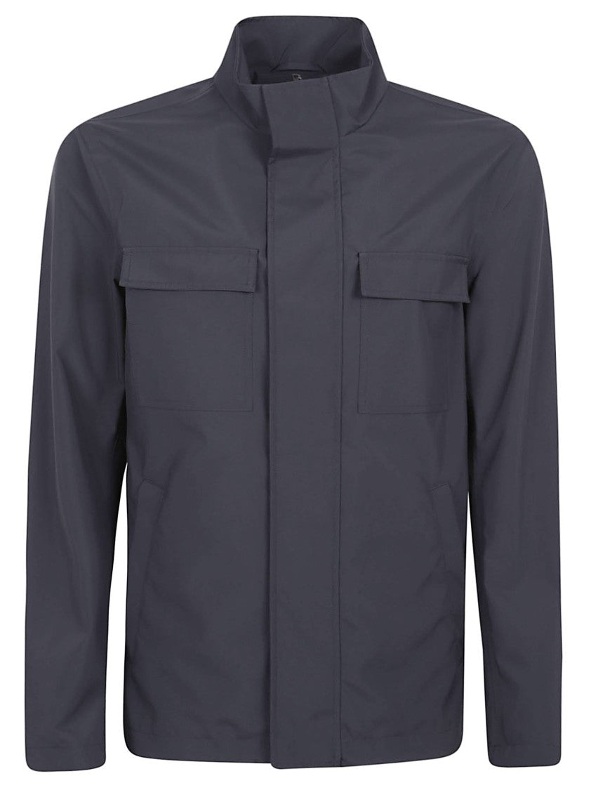 Herno Blue Jacket With High Collar And Concealed Closure