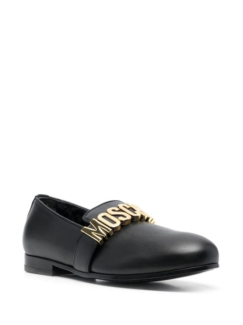 Moschino Sophisticated Closed-Toe Leather Loafers With Signature Gold Hardware