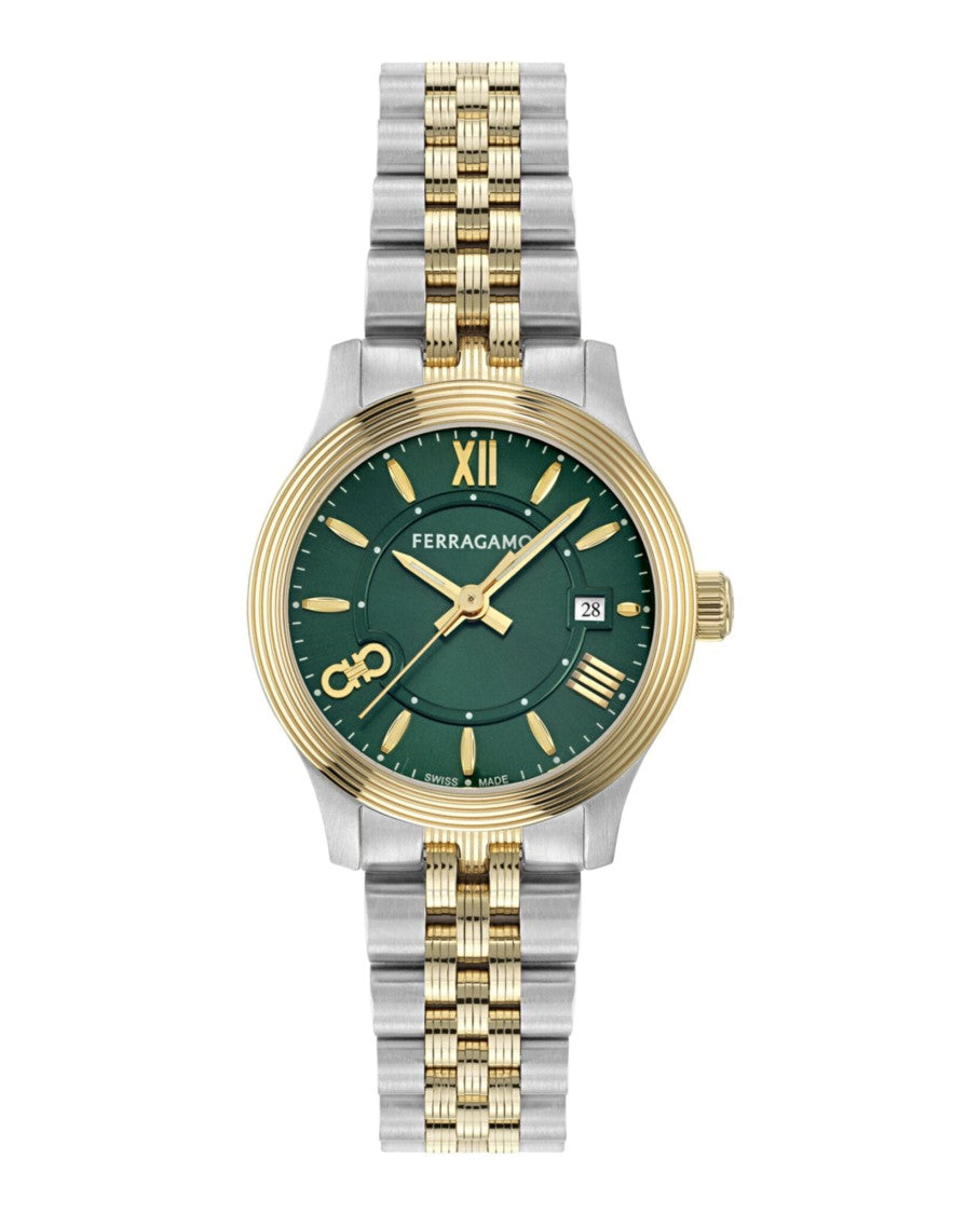 Ferragamo Swiss-Made Two-Tone Bracelet Watch With Green Sunray Dial
