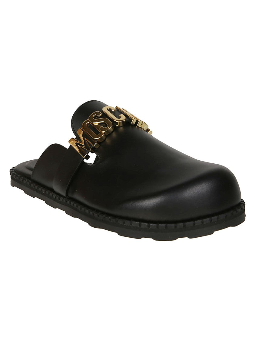 Moschino Black Logo Calf Leather Sandals