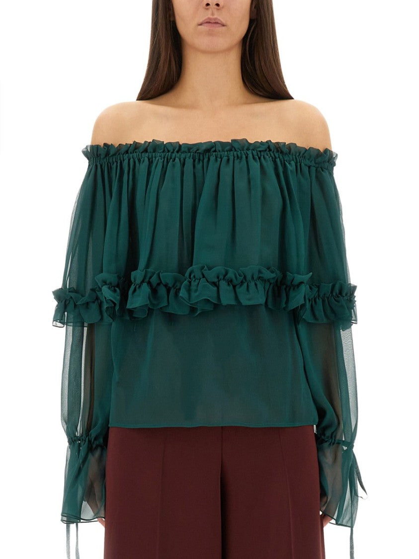 Saint Laurent Sheer Ruffled Off-Shoulder Blouse In Silk