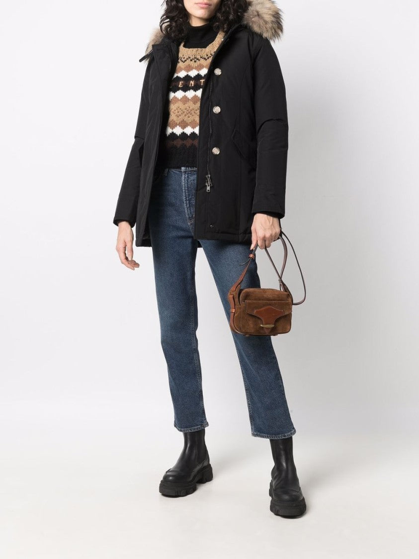 Woolrich Mid-Length Black Parka With Detachable Fur-Trimmed Hood