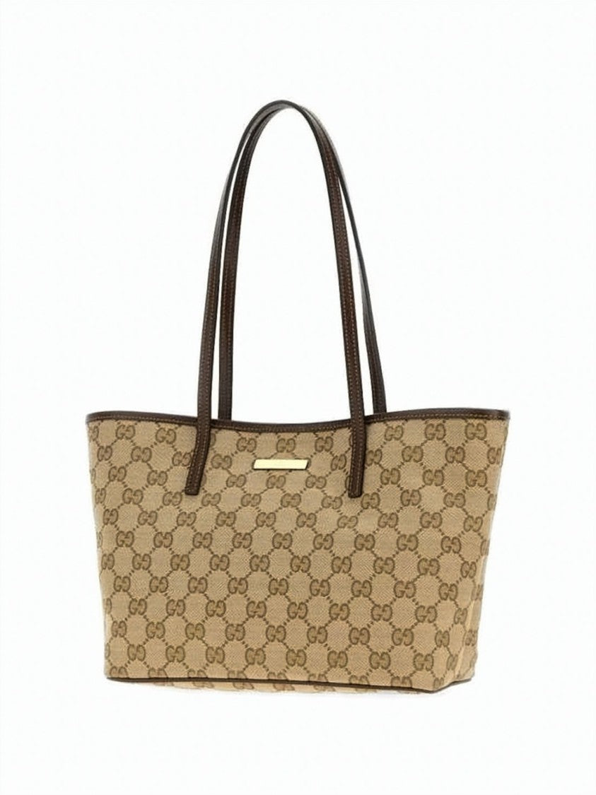 Gucci Rectangular Canvas Tote Bag With Monogram Pattern And Metallic Plaque