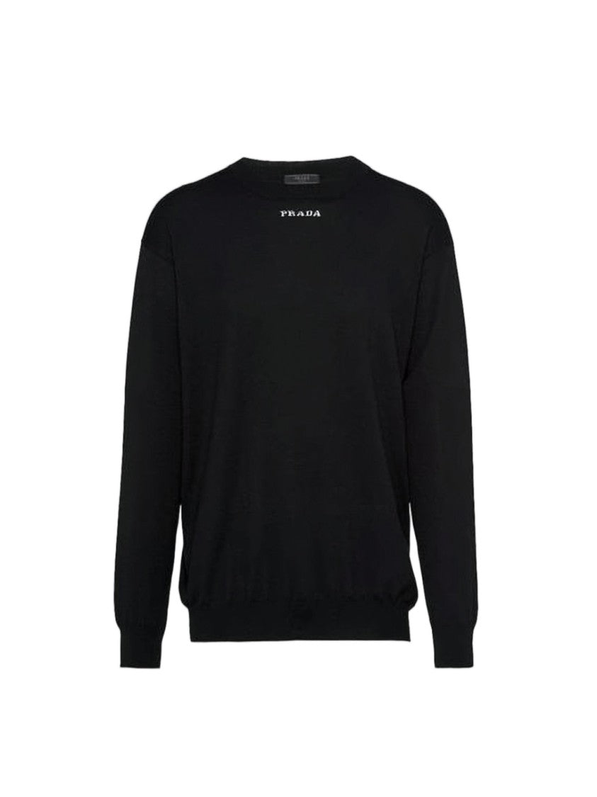 Prada Black Cashmere Crew Neck Sweater With Ribbed Cuffs
