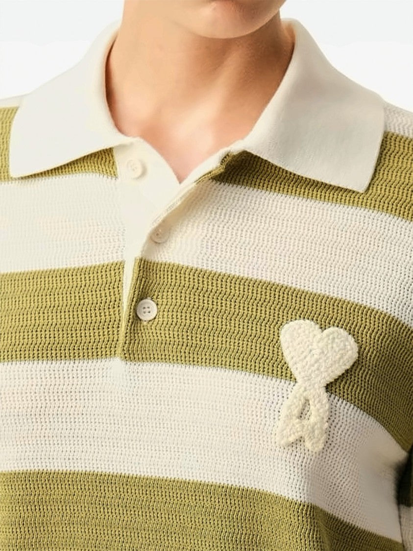 Ami Paris Olive Green Cream Horizontal Striped Polo