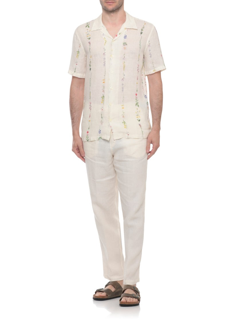 120% Lino Ivory Floral Print Linen Casual Shirt