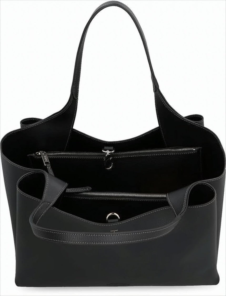 Tod's Black Leather Shoulder Bag With Metallic Accent