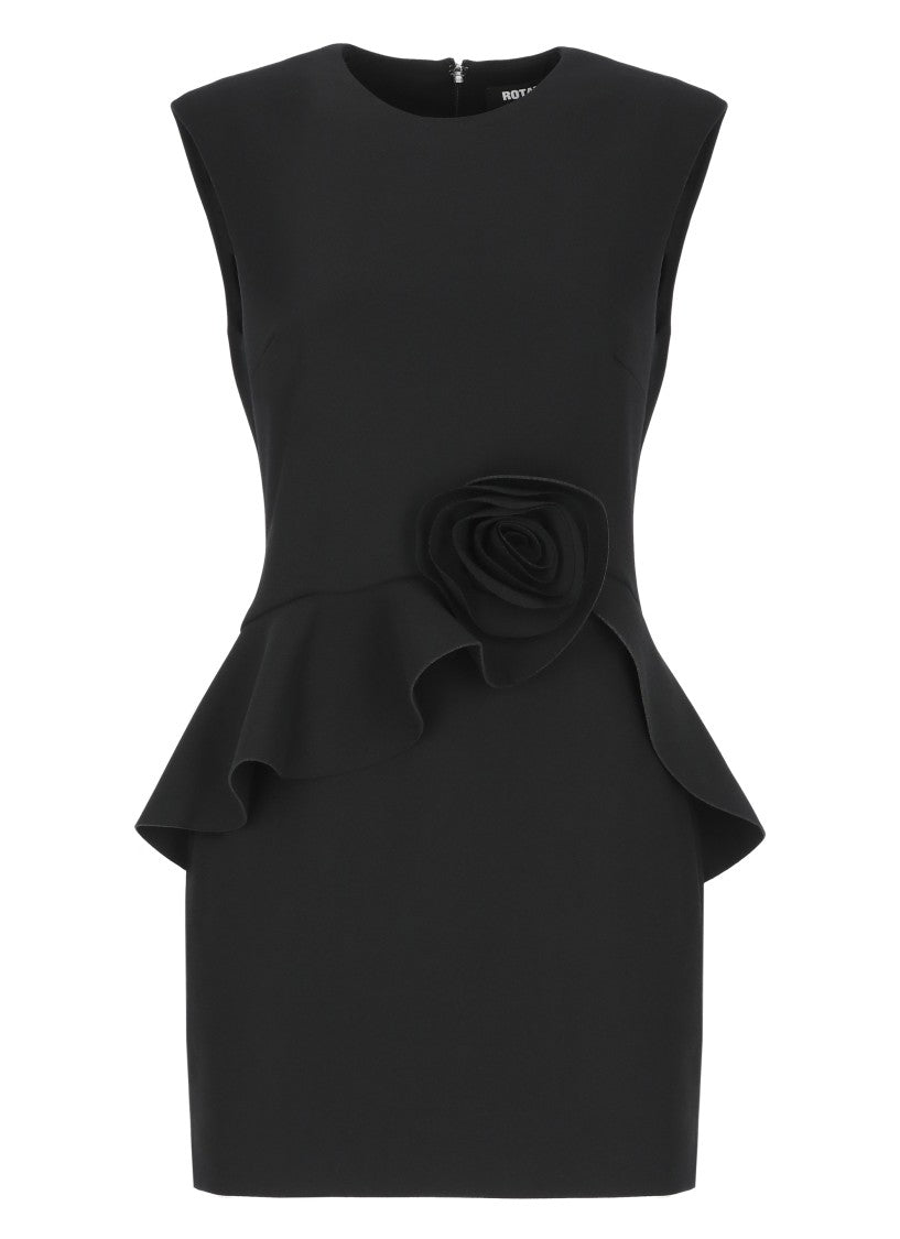 Rotate Black Structured Rose Detail Mini Dress