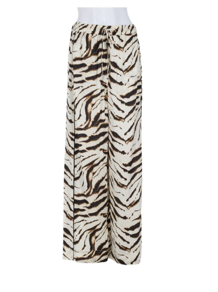Ganni Wide-Leg Beige Trousers With Animal Print And Adjustable Waistband