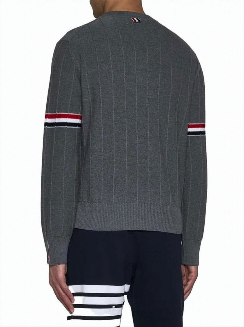 Thom Browne Boxy Grey Wool Sweater With Distinctive Horizontal Stripes