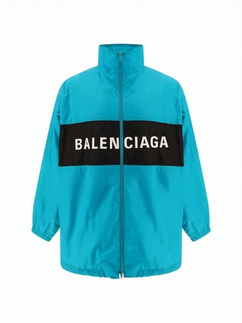 Balenciaga Turquoise Jacket With Bold Black Panel And Striking Lettering
