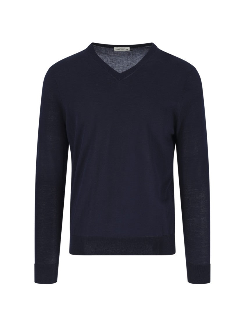 Ballantyne Blue V-Neck Ribbed Cotton Knit Sweater