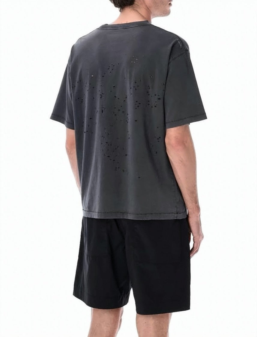 Satisfy Distressed Black Organic Cotton Tee With Crew Neckline
