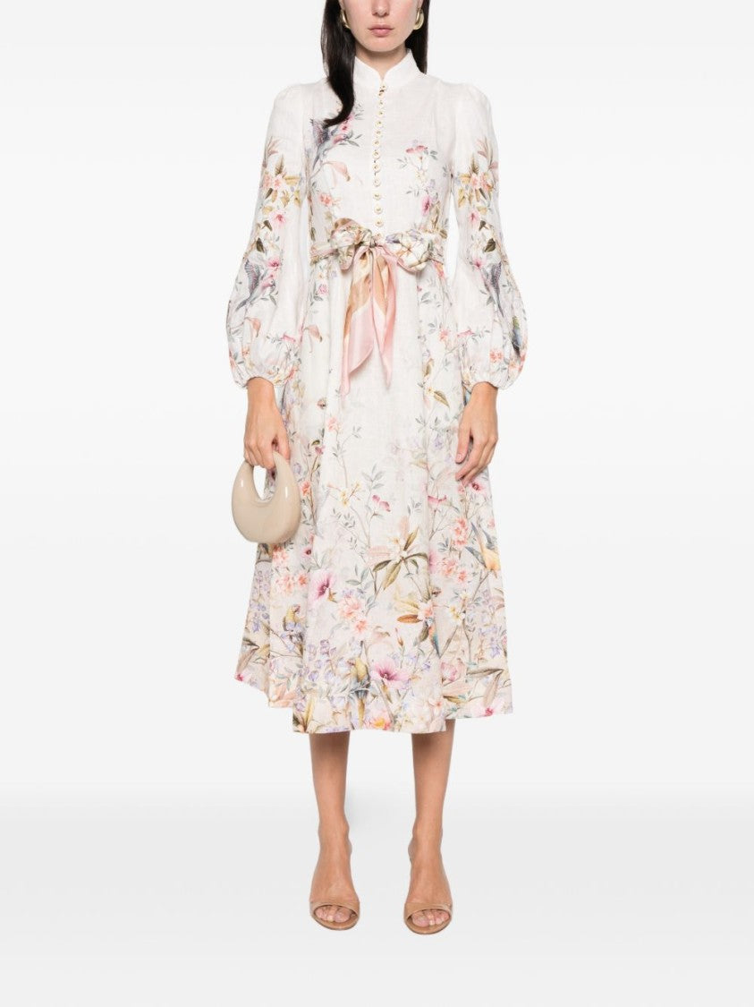 Zimmermann Floral Print Midi Dress With Puffed Sleeves
