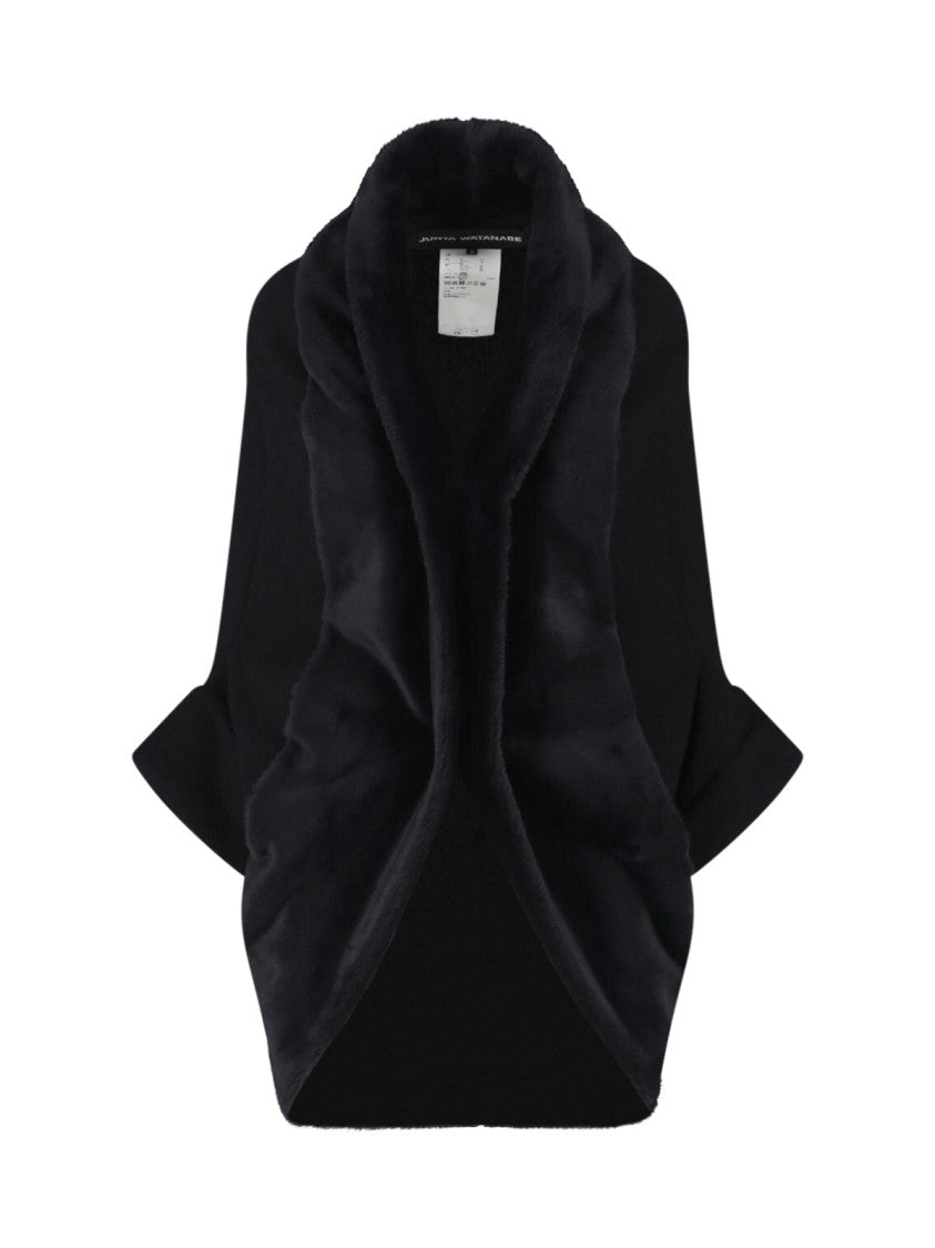 Junya Watanabe Black Draped Faux Fur Collar Wool Coat