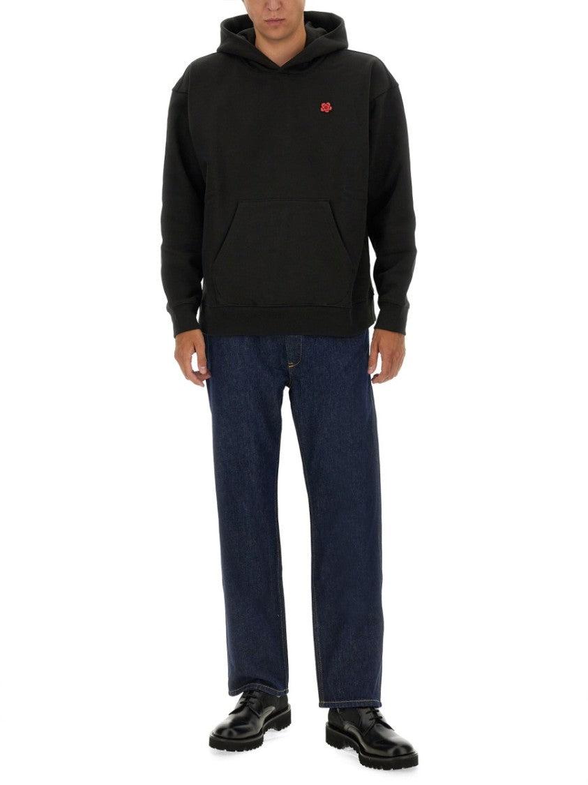 Kenzo Embroidered Black Hoodie With Floral Motif