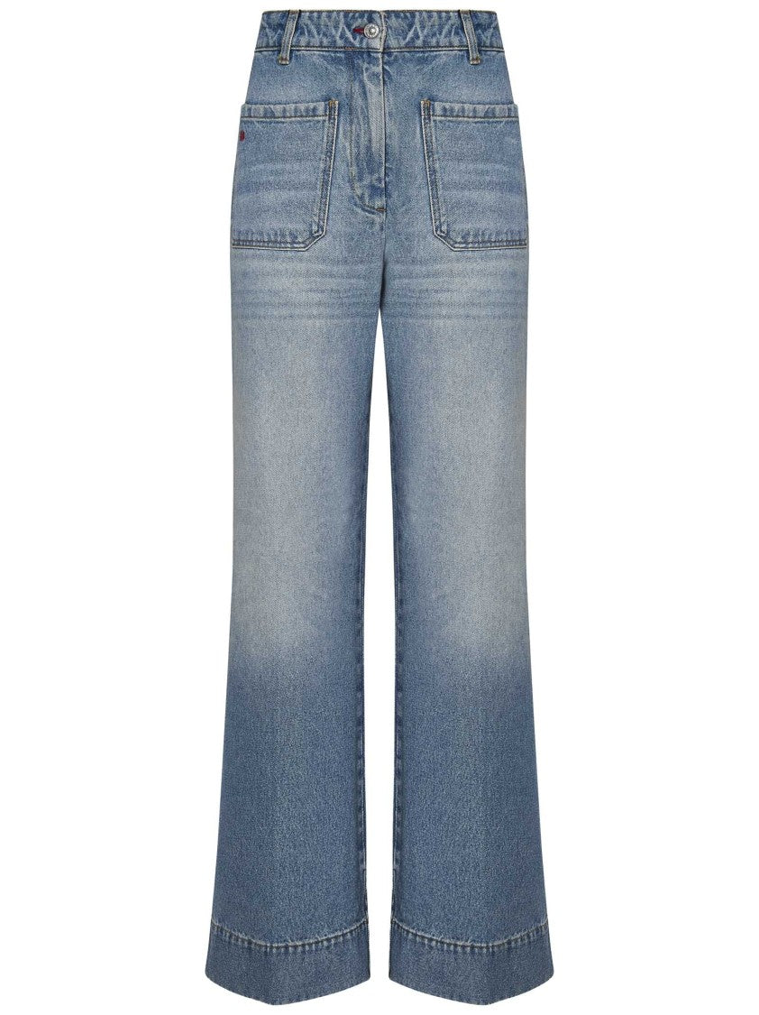 Victoria Beckham High-Waisted Light Blue Jeans With Monogram Embroidery