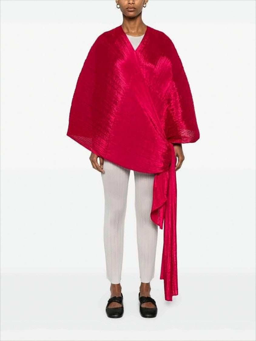 Pleats Please Asymmetrical Red Pleated Cape With Dynamic Silhouette